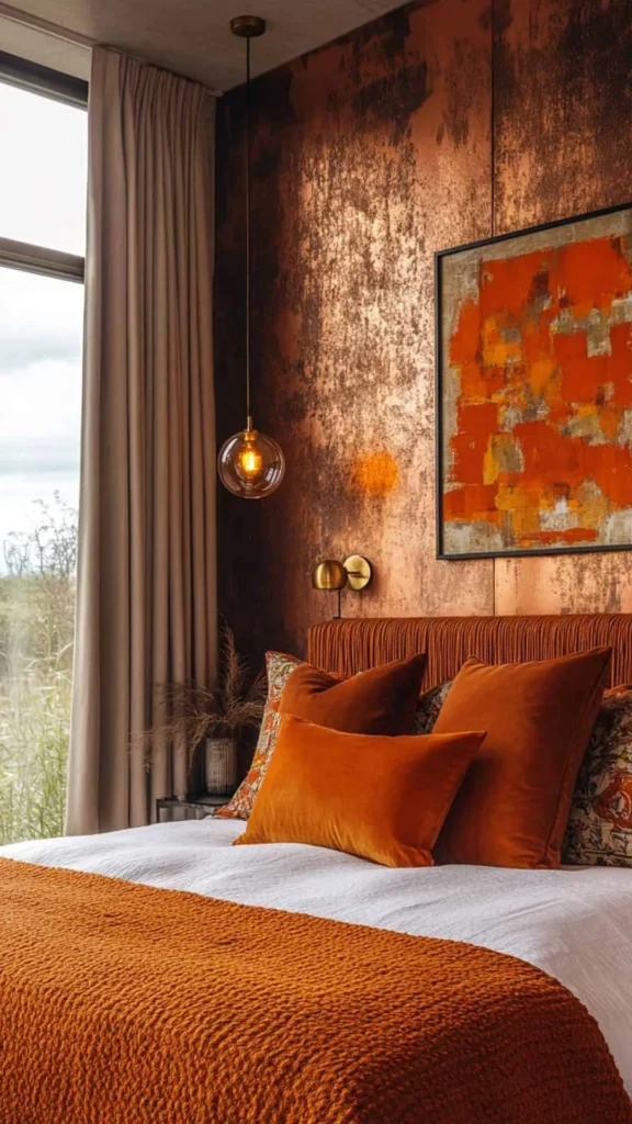 bedroom colour ideas deep rust burnt orange walls brass linen