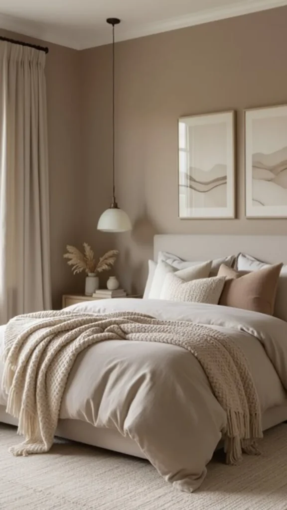 bedroom colour ideas warm taupe soft natural light layered neutral