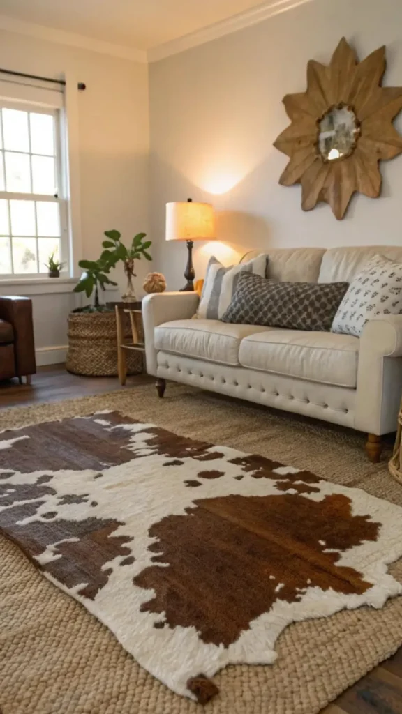 organic modern living room ideas vintage rug layered jute base 2026
