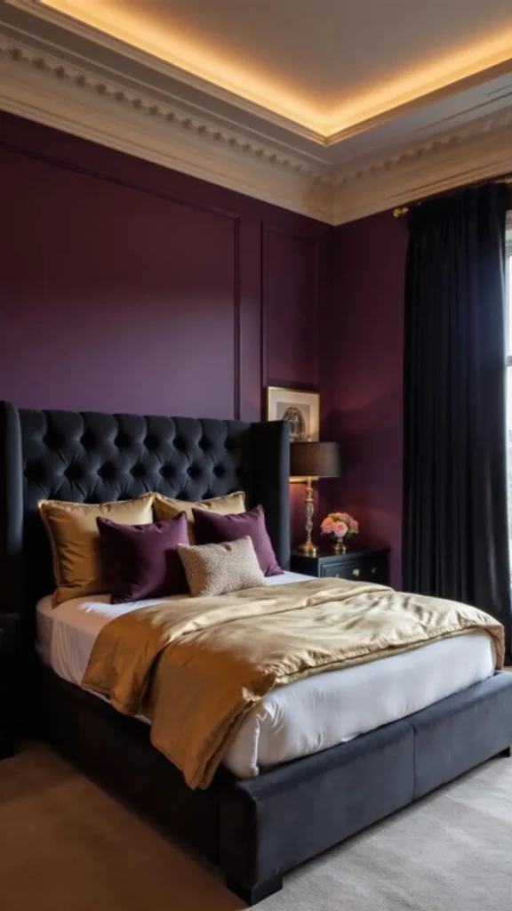 bedroom colour ideas deep plum aubergine walls gold accents