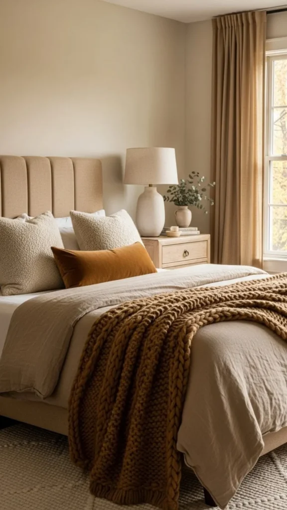 bedroom colour ideas warm camel tan leather wood accents