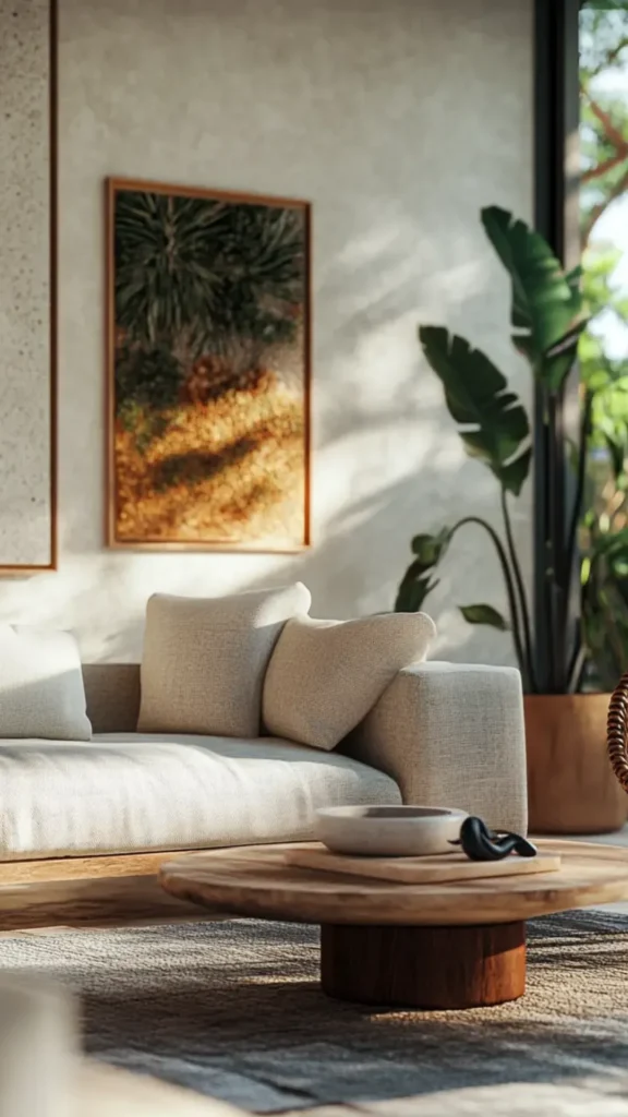 organic modern living room ideas lime wash feature wall behind seating 2026