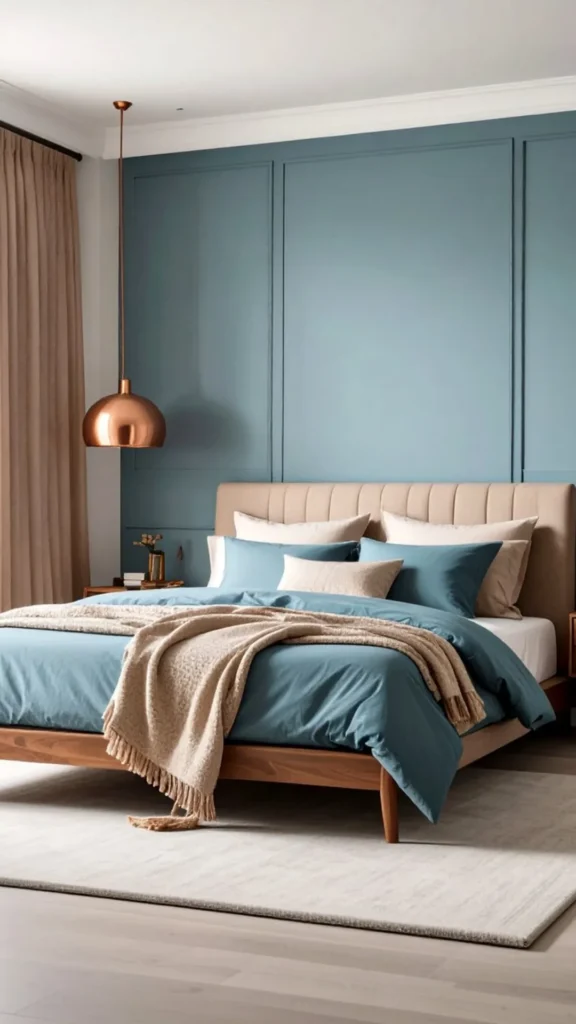 bedroom colour ideas pale dusty blue warm wood linen textures