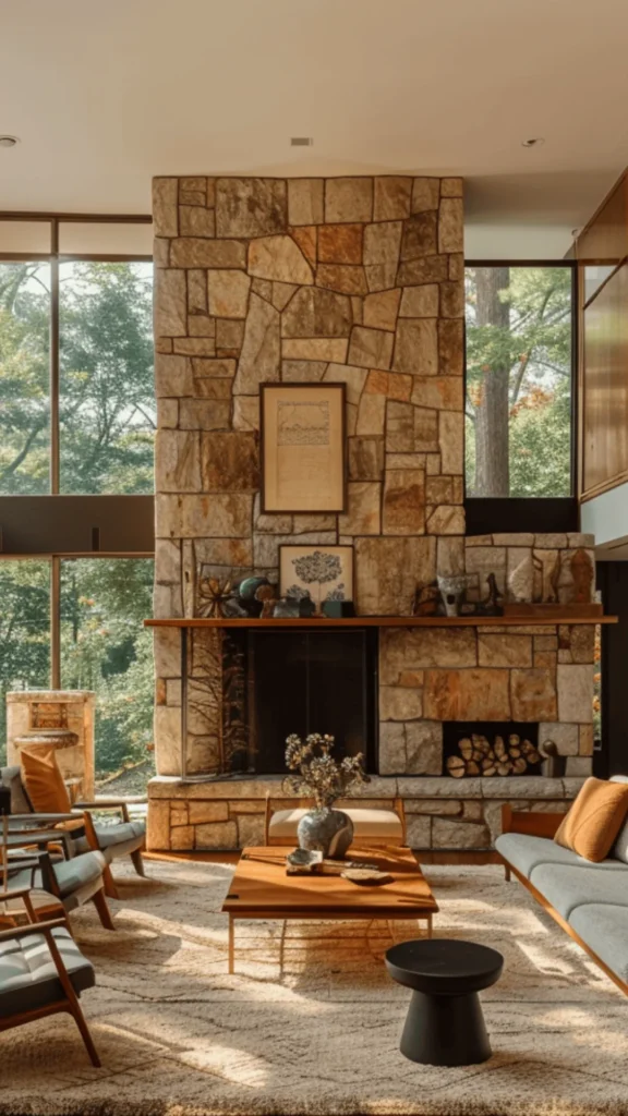 organic modern living room ideas warm stone fireplace surround anchoring 2026