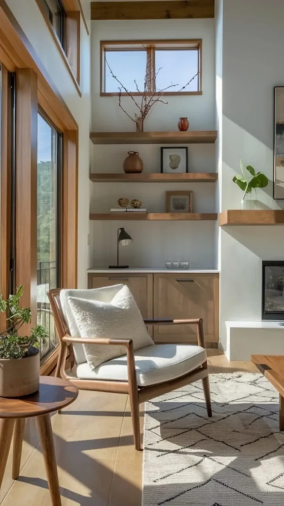 organic modern living room ideas television integrated warm wood shelving 2026