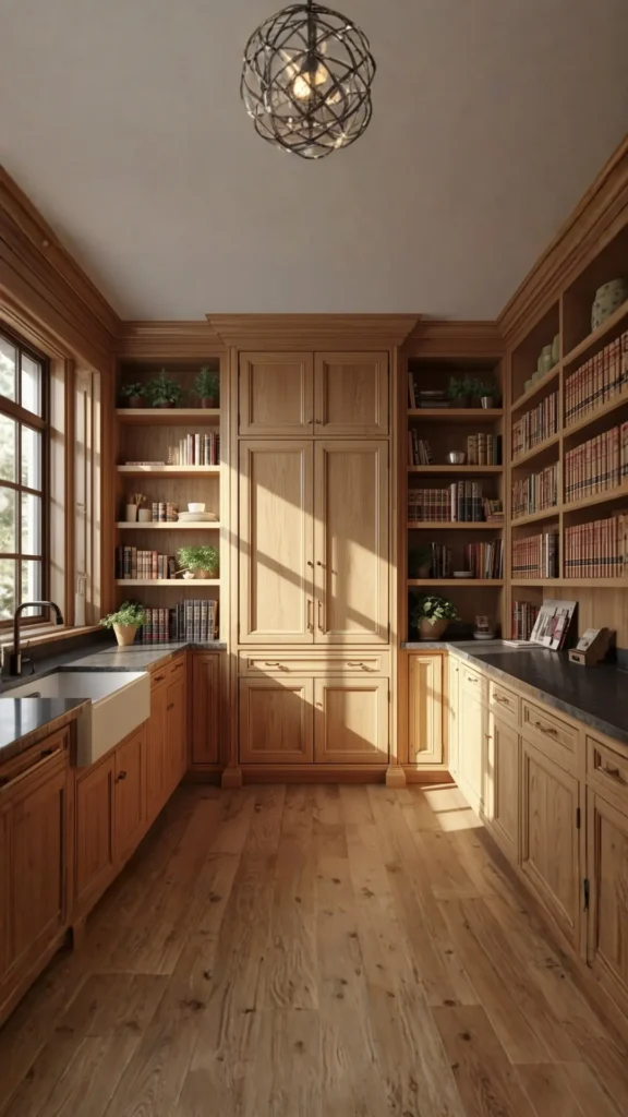 light oak kitchen cabinets floor to ceiling pantry wall dramatic warm library kitchen