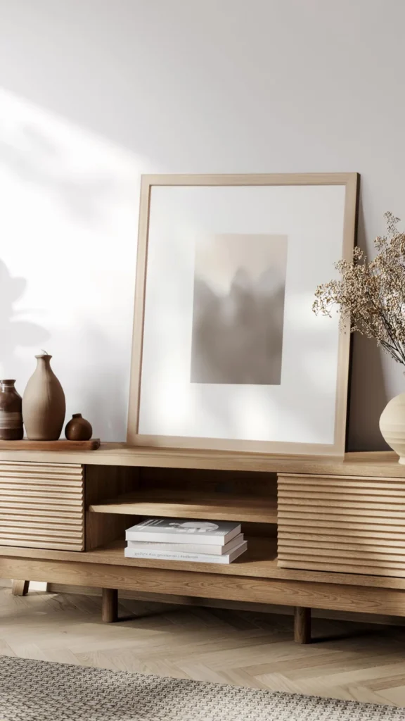 neutral living room ideas low wood media console television 2026