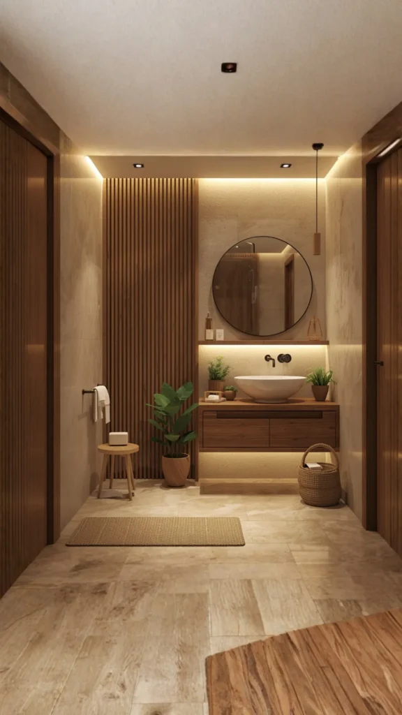 small bathroom ideas 2026 earthy tones warm cozy intimate not cramped styling