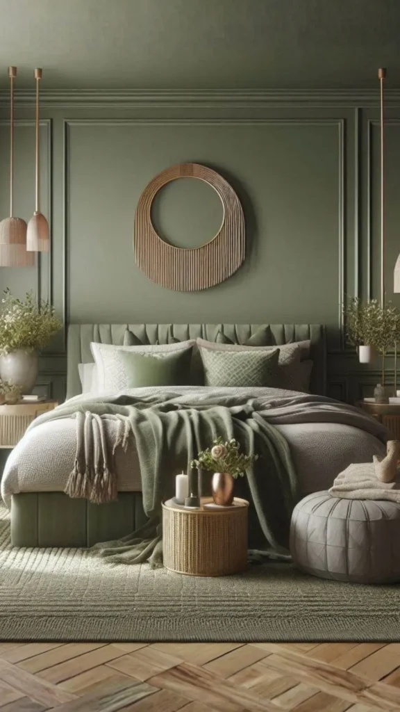 bedroom color ideas muted olive walls warm natural materials amber lighting 2026