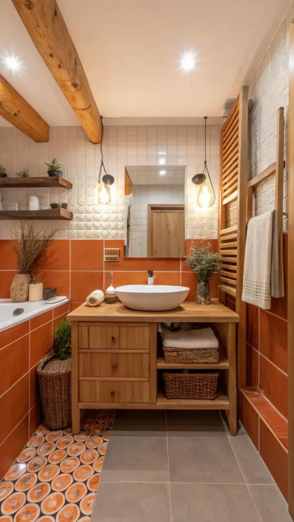 colorful bathroom ideas warm rust burnt sienna natural wood stone