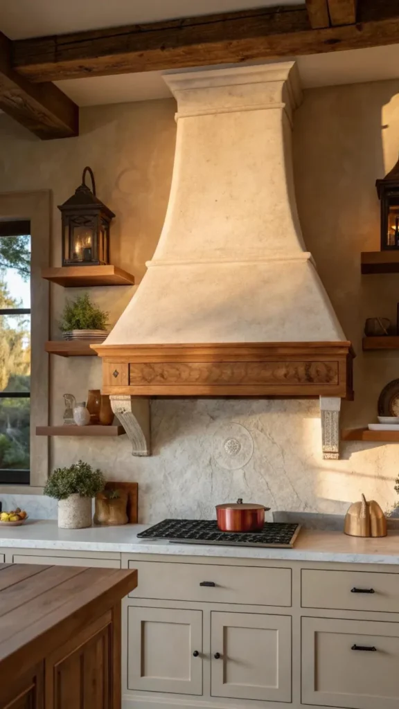 organic modern kitchen ideas sculptural range hood plaster wood clad