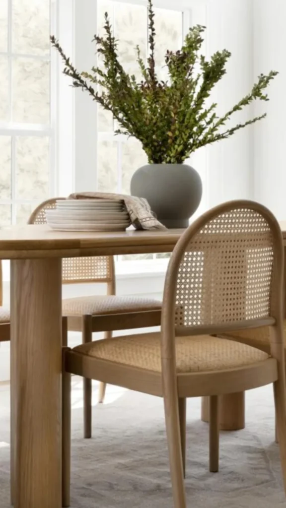 curved dining chair woven cane back open warm dining room