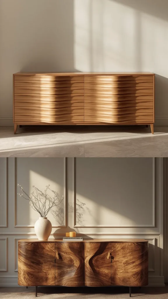 📸 [IMAGE: Classic wavy credenza with undulating front in warm wood against a neutral wall — Alt text: "curved sideboard classic wavy credenza undulating front warm wood neutral wall living room"]