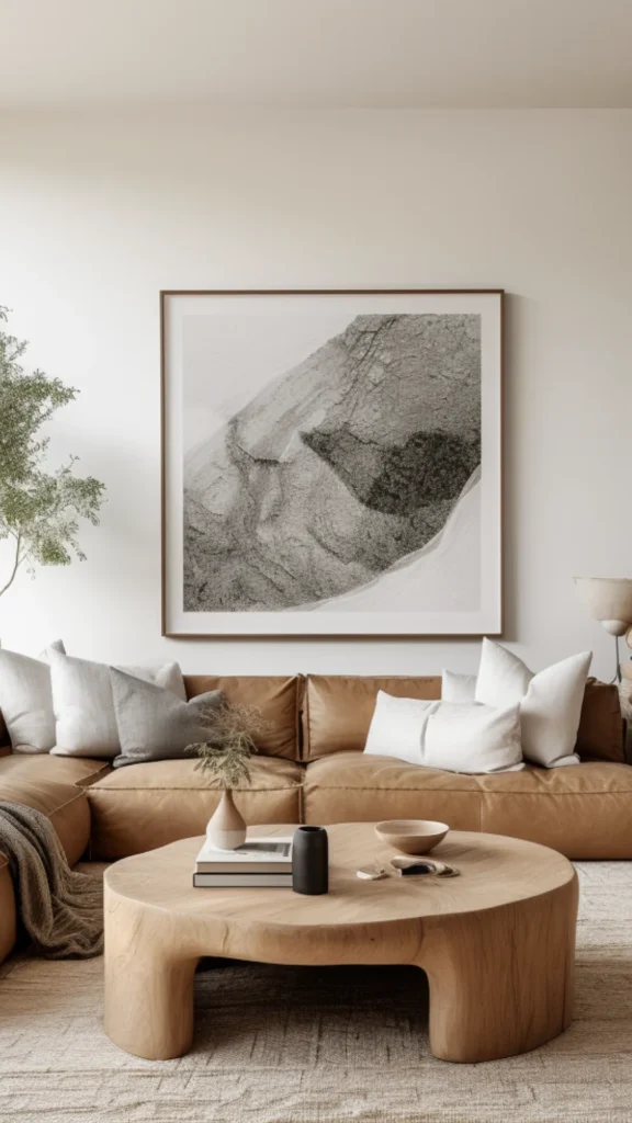 warm minimalist living room single wall art abstract earthy tones considered