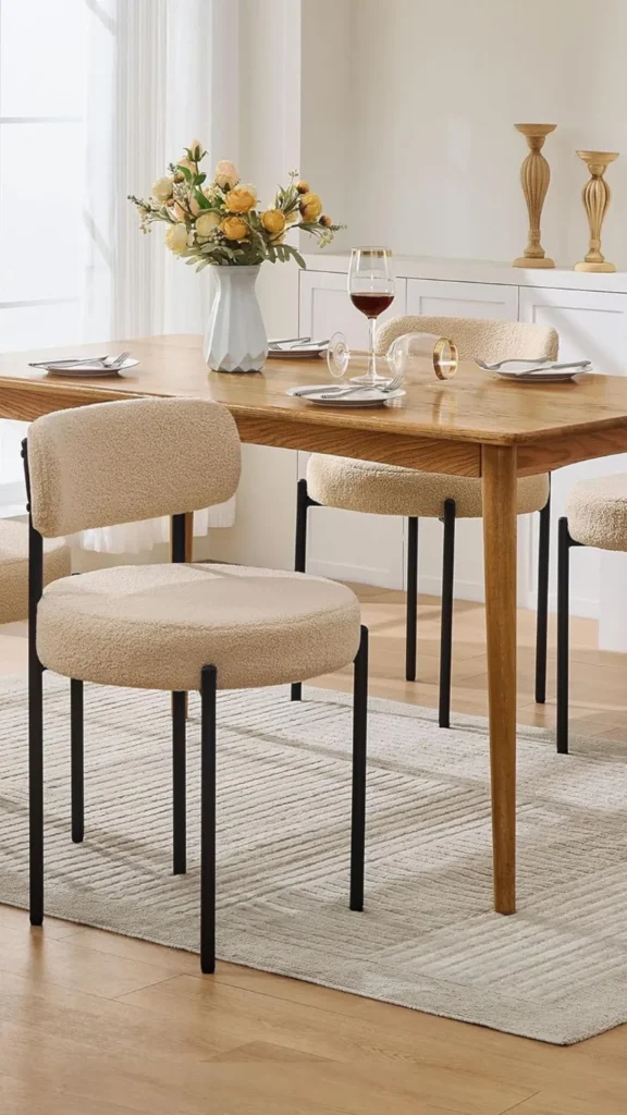 curved dining chair brass metal legs upholstered warm dining room