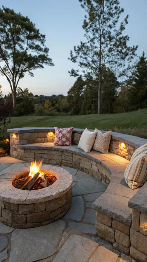 outdoor living space ideas fire pit stone lounge seating dusk