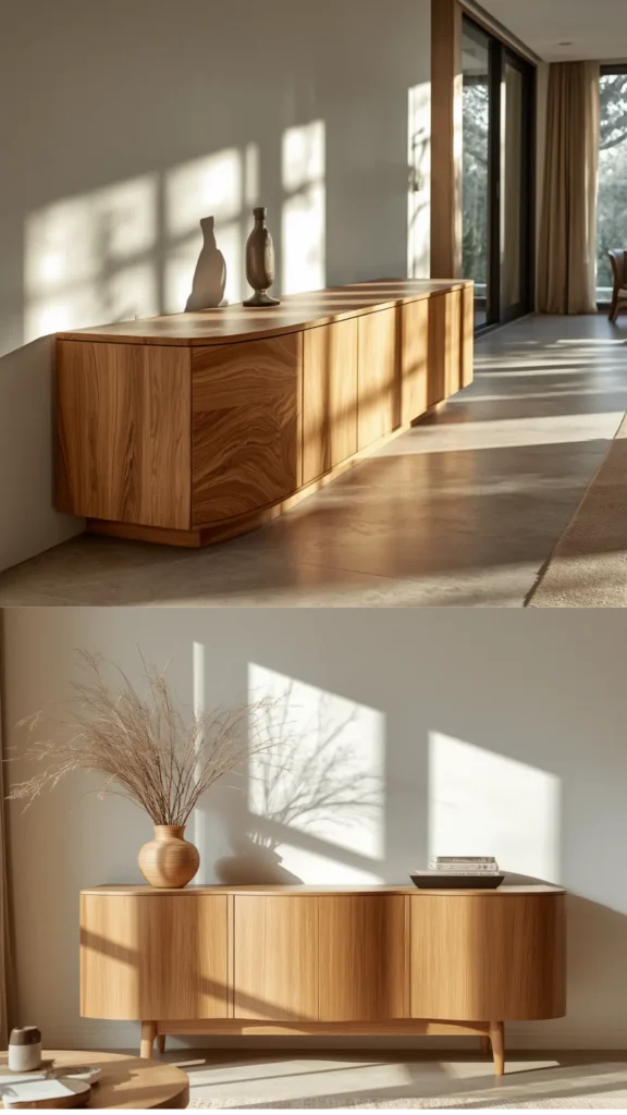 curved sideboard warm honey oak natural wood organic modern living room warm earthy 2026