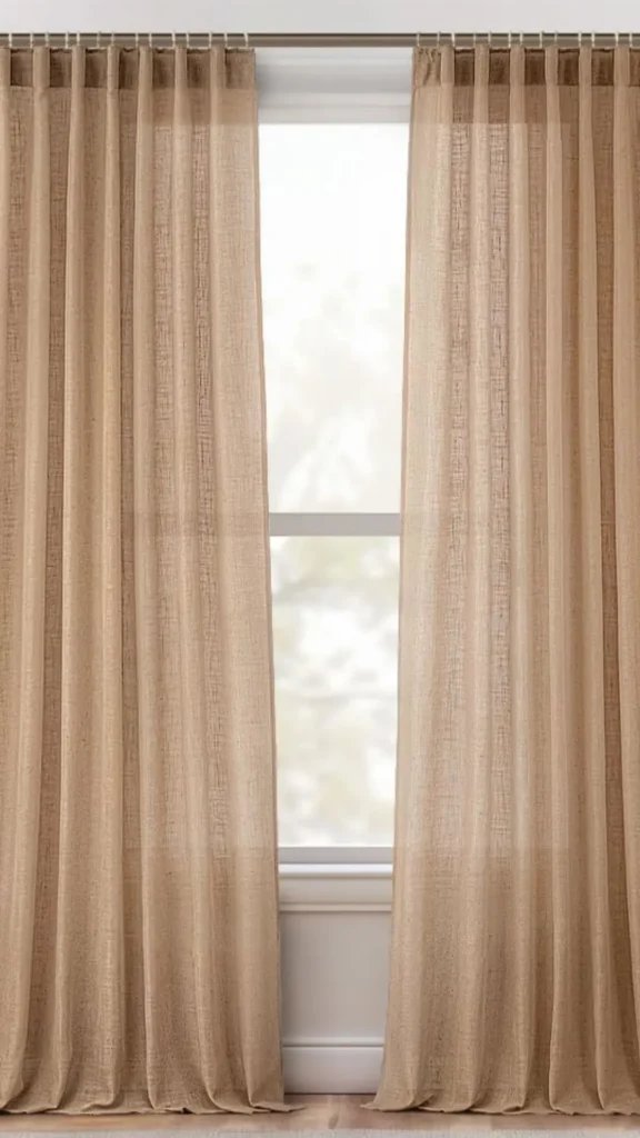 warm minimalist living room sheer linen curtains soft natural light filtered