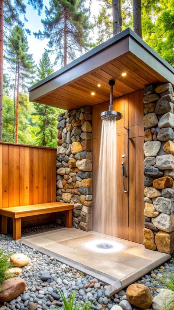 outdoor living space ideas outdoor shower wood stone private garden