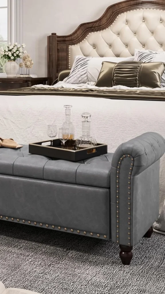 bedroom storage ideas storage bench foot of bed warm wood