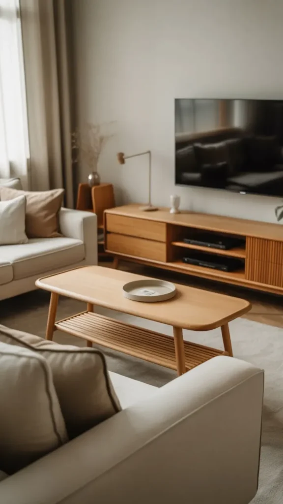 warm minimalist living room low profile media console warm wood television
