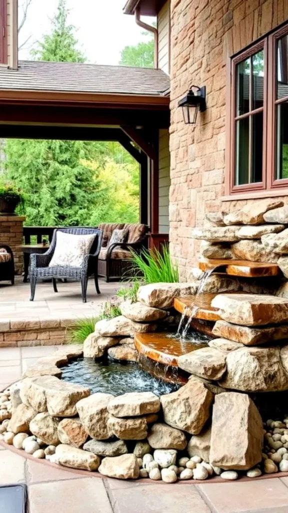 outdoor living space ideas water feature stone sound movement