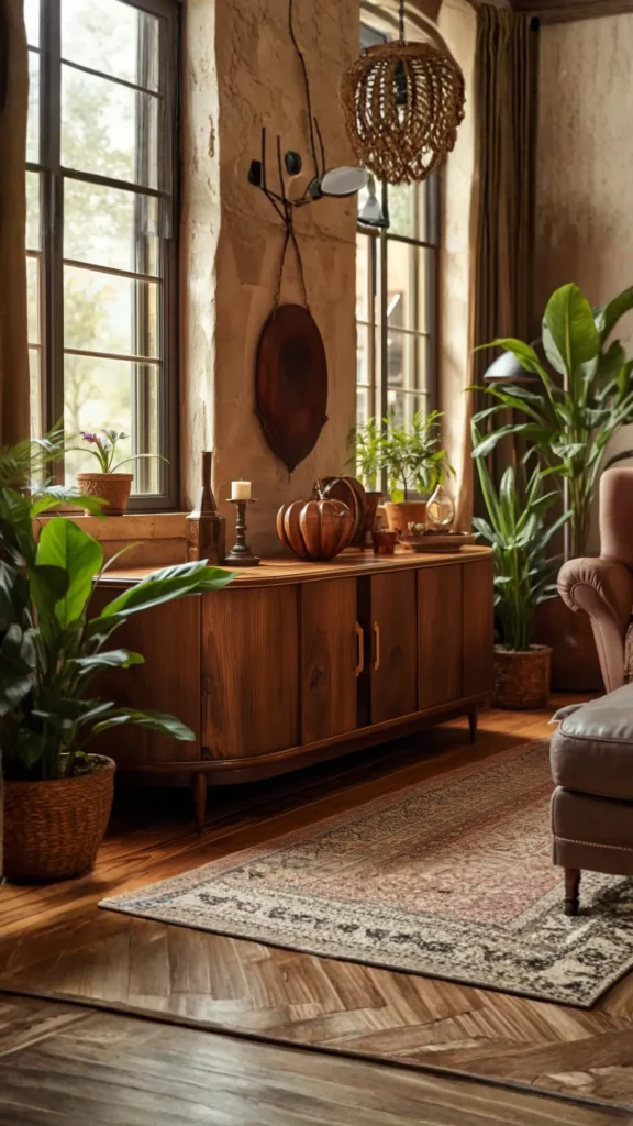 curved sideboard dark walnut rich warm earthy living room moody statement piece 2026