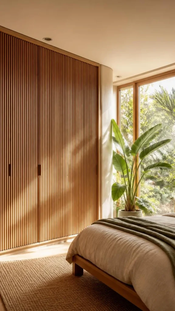 organic modern bedroom ideas wood slatted wardrobe doors warm