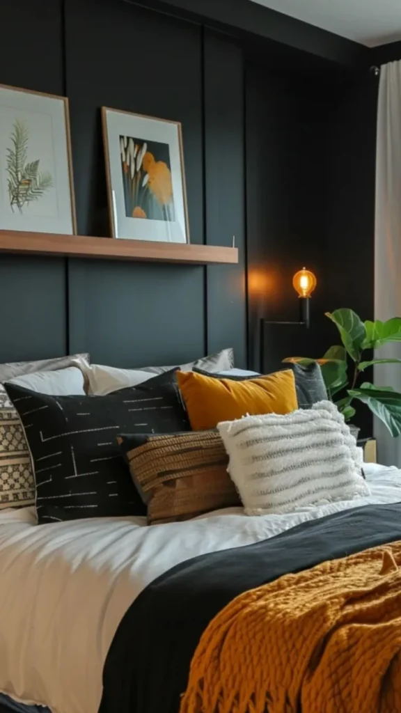 bedroom color ideas warm charcoal walls amber lighting cream bedding sophisticated 2026