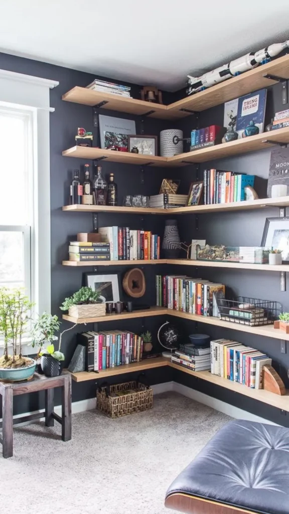 home office ideas styled shelving wall books plants ceramics organized beautifully 2026