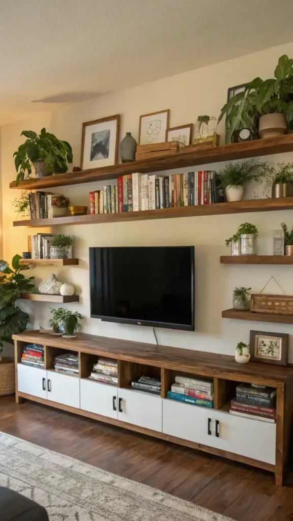 warm minimalist living room edited book collection shelf styling considered