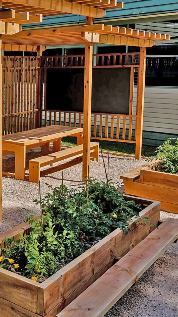 outdoor living space ideas raised planting beds seating timber