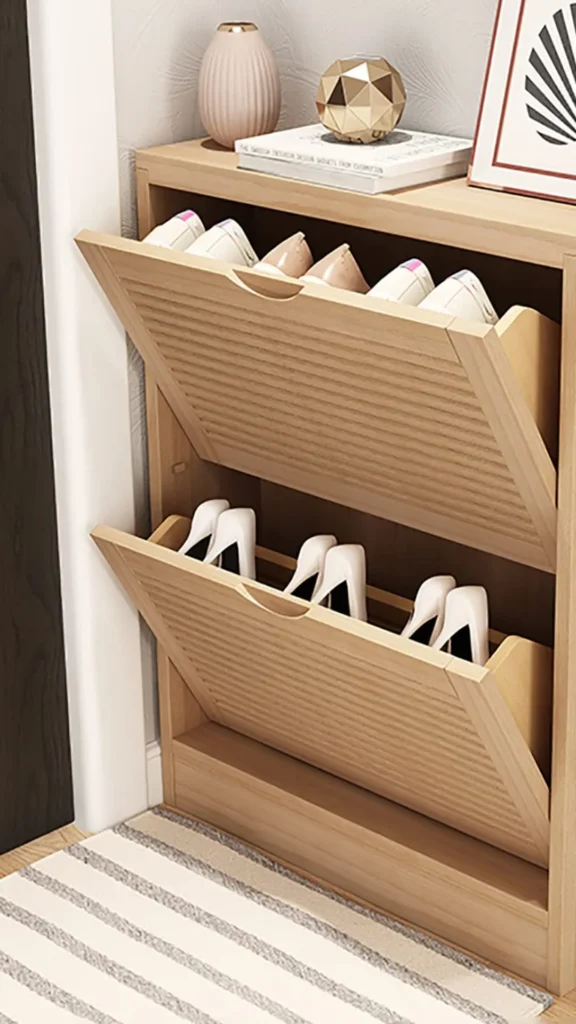 bedroom storage ideas shoe storage warm wood integrated