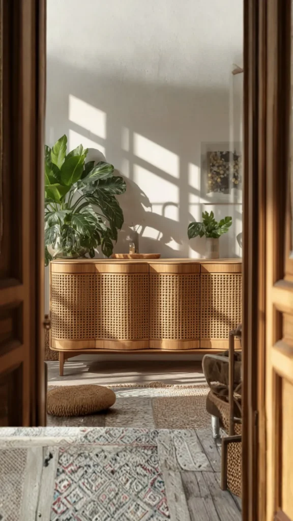 curved sideboard wavy rattan cane door fronts warm organic living room textured beautiful