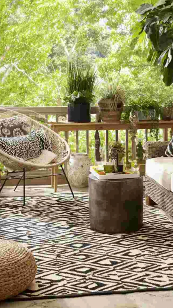 outdoor living space ideas rug layered natural stone paving