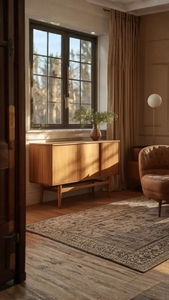 curved sideboard vintage inspired credenza mid century legs organic form warm living room