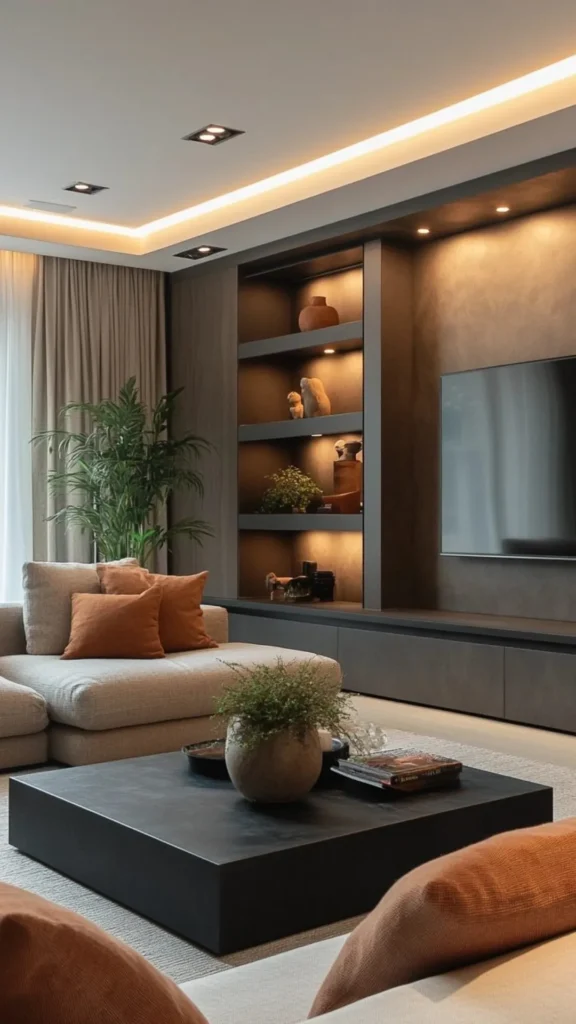 warm minimalist living room concealed storage baskets cabinets hidden clutter