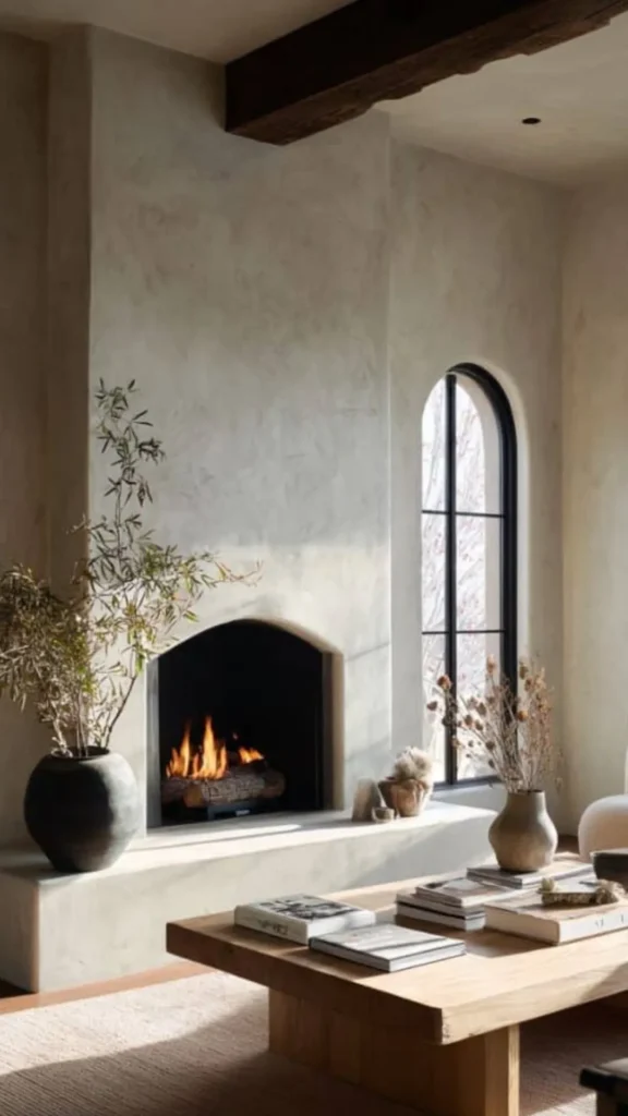 warm minimalist living room fireplace plaster stone surround simple 2026