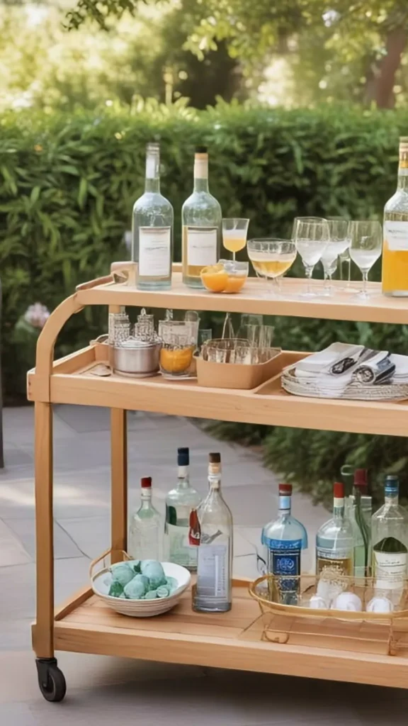 outdoor living space ideas teak bar cart glassware entertaining