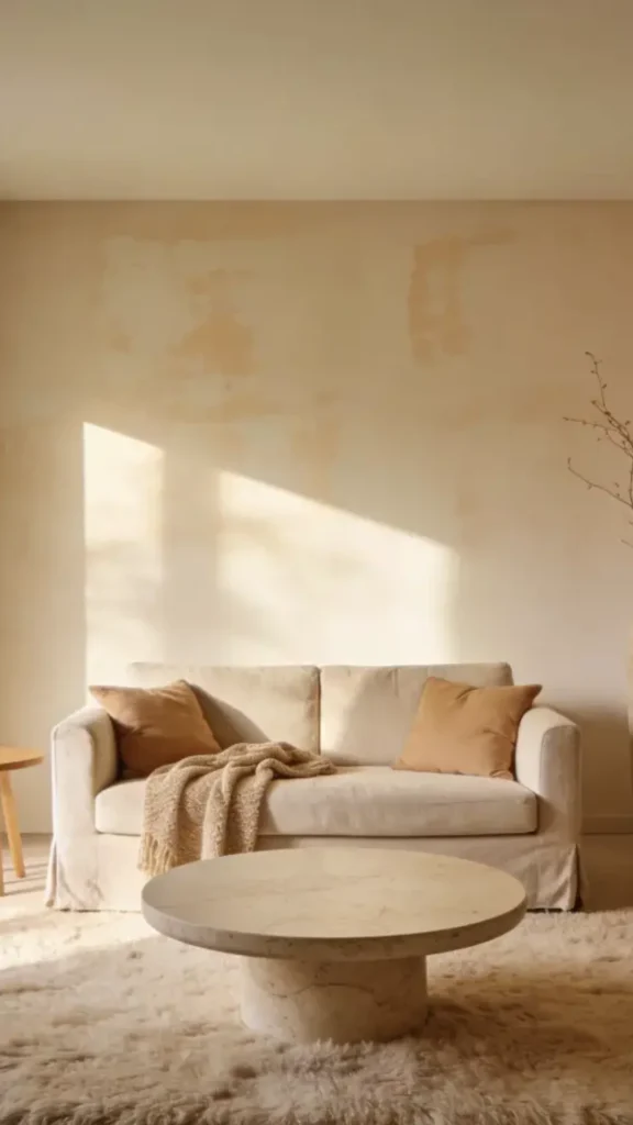 warm minimalist living room clay oat colored walls beyond white 2026