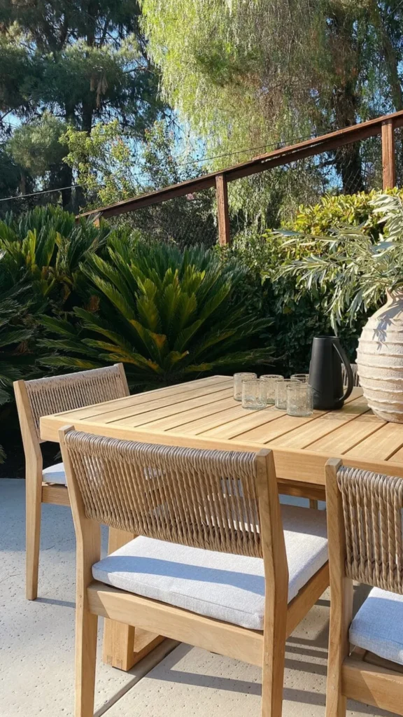 outdoor living space ideas sustainable teak furniture aging gracefully