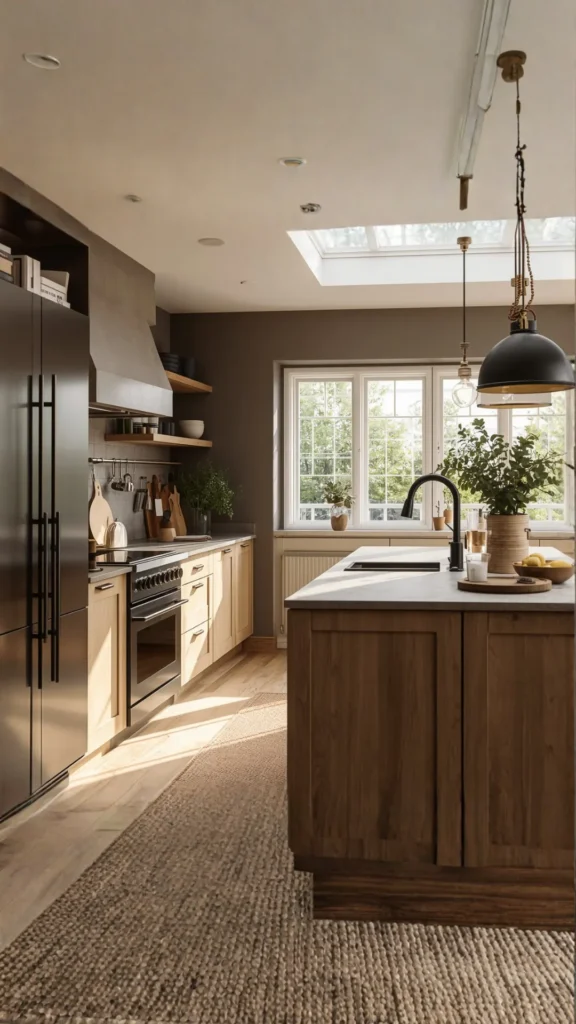light oak kitchen cabinets matte black accents hardware taps pendant lights dramatic contrast