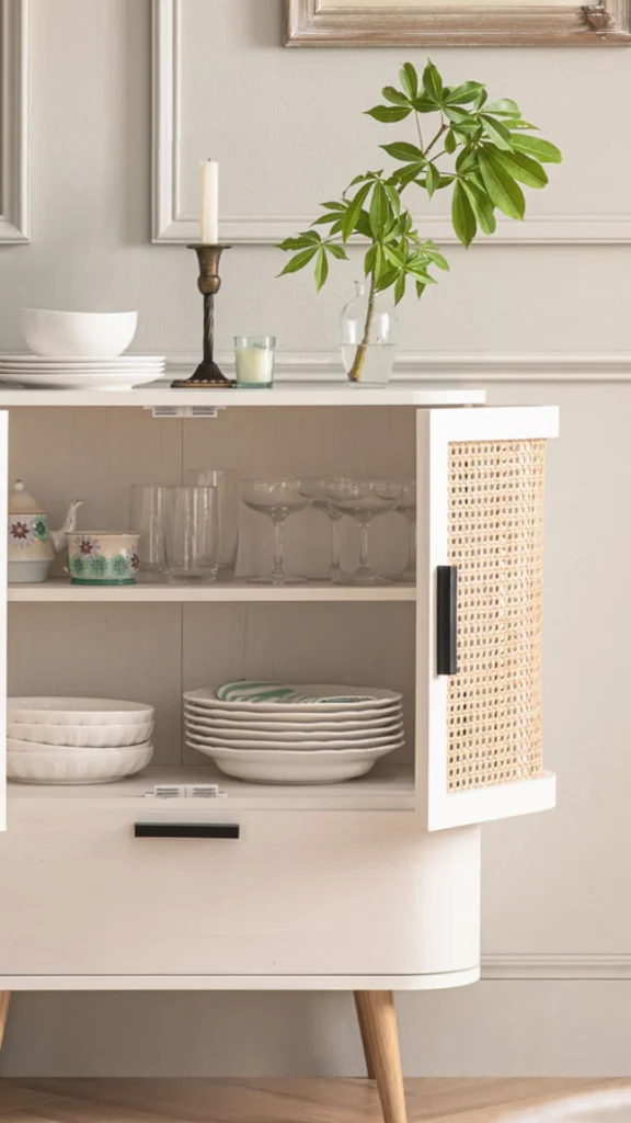 curved sideboard home bar glassware cocktail tray styled