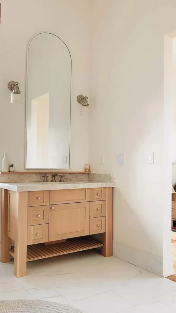 organic modern bedroom ideas wood vanity stone top corner