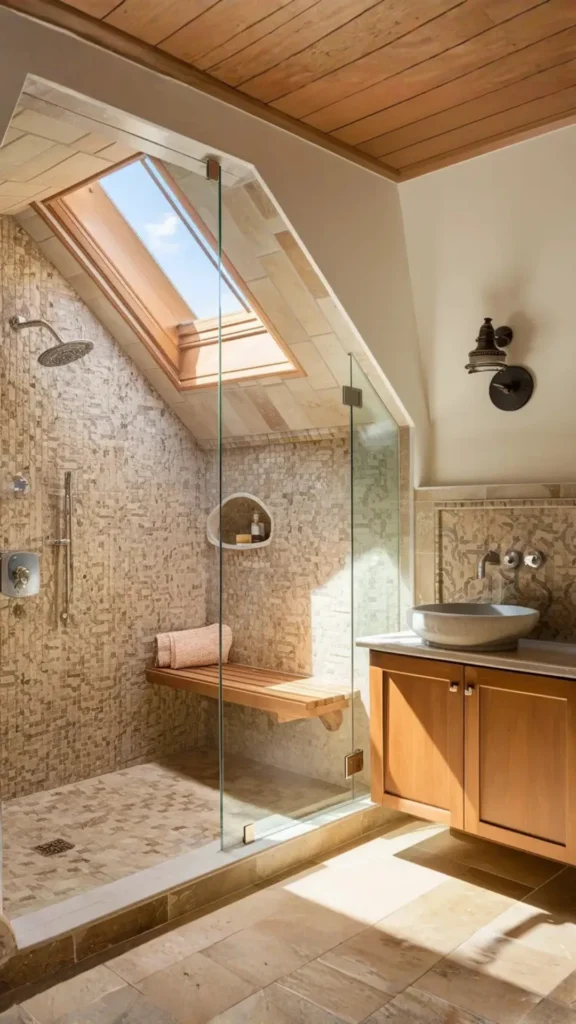 walk-in shower ideas skylight window natural light flooding above 2026