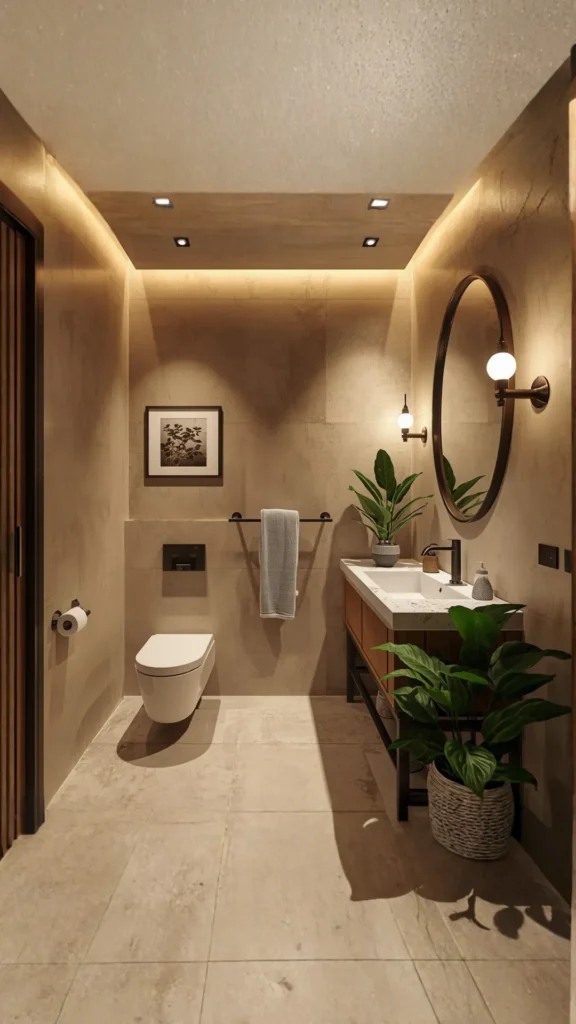 small bathroom ideas 2026 microcement seamless warm sandy tone minimal luxurious