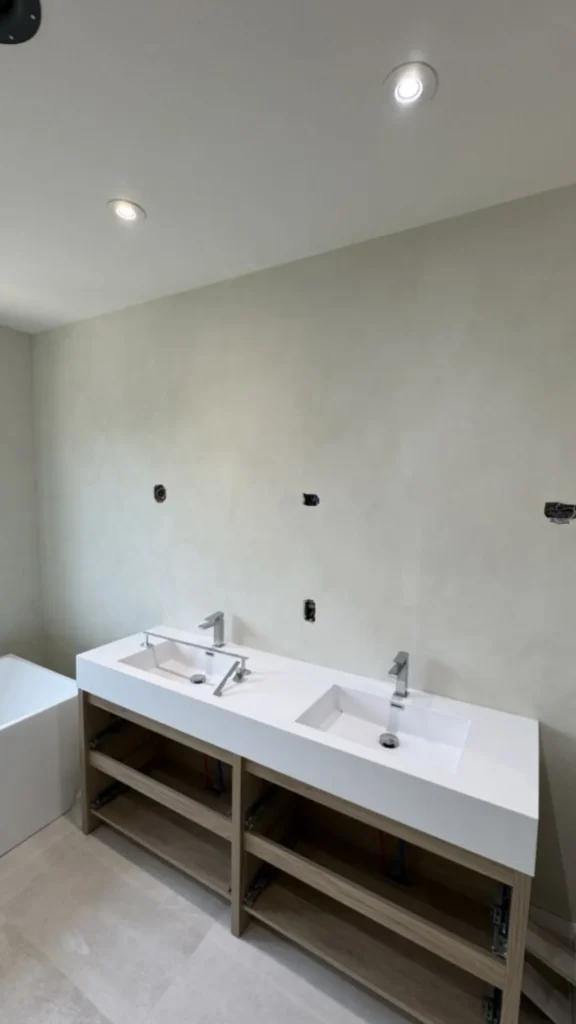 small bathroom ideas 2026 lime wash walls textured sandy warm 2026