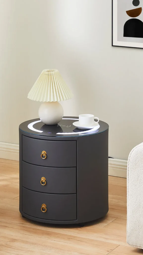 curved bedside table integrated wireless charging pad discreet