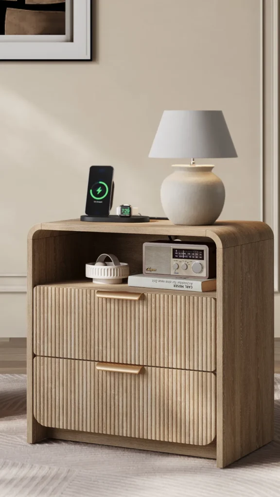 curved bedside table fluted ribbed base light warm