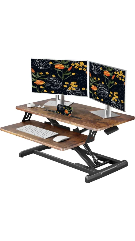 home office ideas standing desk converter warm wood movement